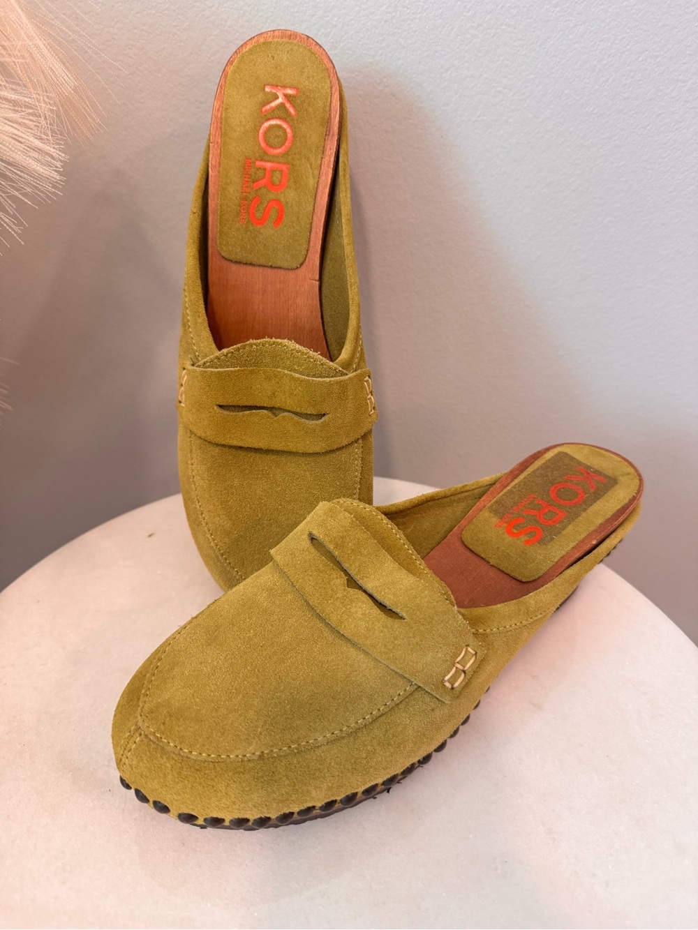 KORS Michael Kors Olive Green Suede Slip-On Mules Size 8